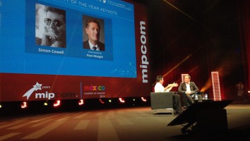 Simon Cowell and Piers Morgan in conversation at MIPCOM 2014. Photo: Adam Benzine
